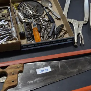 Swede Saw, Band Saw, Blade, 2 -10" Welder's Clamps, Box of Misc. Wrenches, Small Tools