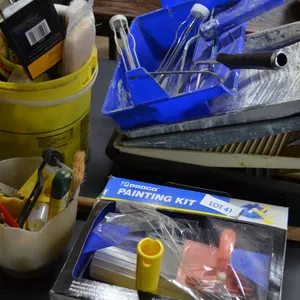 Large Assortment of Paint Brushes, 4 Paint Trays, Long Handle Roller, Sanding Pads, etc.