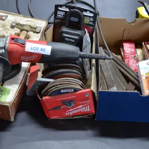 Autobody Kit, New Milwaukee 4 1/2" Grinder, Large Assortment of Fly Discs, Maximum Cut Off Discs 4 1/2" x 3/64", Master Lock, Box of Files, Pry Bar