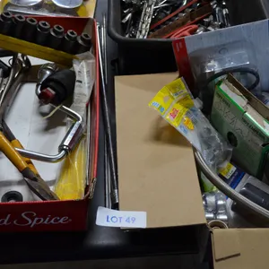 Fencing Pliers, 1/2" Extensions, 20" Extensions, 3/8" Impact Deep Socket (not complete), Assortment of 3/8" chrome Sockets, Box of Plumbing, Antique w