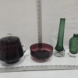 Amethyst pcs (2) - chip on lid rim, Green Art Glass pcs (2)
