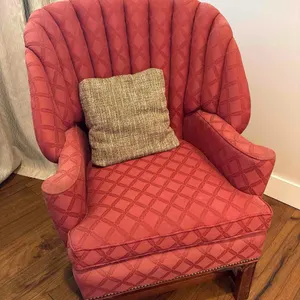 PAIR OF CHANNEL BACK RED CHAIRS WITH CROSS WHEAT PATTERN