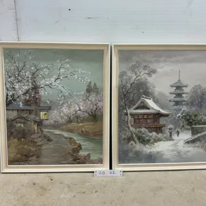 Pair of K. Kamiyama Framed Oil Paintings, Japanese Landscapes with Cherry Blossoms and Pagoda