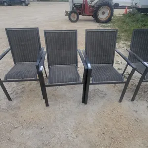 Set of 4 Modern Outdoor Patio Armchairs with Dark Metal Frames and Sling-Style Seats