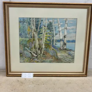 Framed Watercolor Painting by Lynn Sissons, Birch Trees and Lake Landscape, 26 × 30”