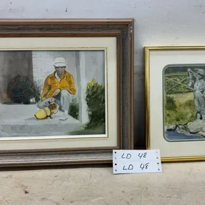 Framed 1993 Watercolor Painting by B. Joyce Hunter, 8 × 10” and Man With Dog and Garden Statue