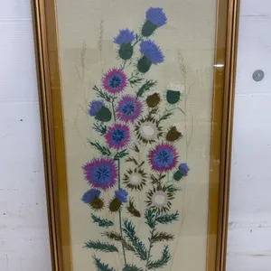 Framed Hand Embroidery of Thistles and Wildflowers on Fabric, Gold-Toned Frame 39 × 21”