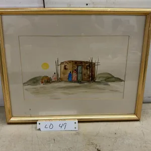 Framed Watercolor Painting by B. Joyce Hunter, 1994, Desert Scene with Dwelling and Figures