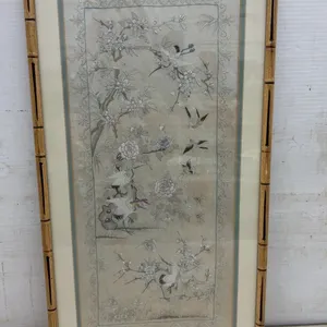 Framed East Asian Silk Embroidery of Embroidered Cranes and Birds Among Flowering Branches, Bamboo