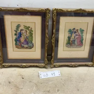 Pair of Framed Rococo-Style Needlepoint Pictures in Ornate Gilded Wooden Frames, 12 × 10”