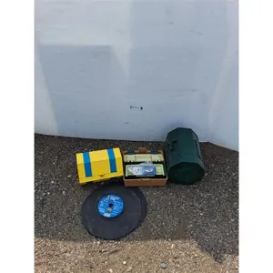 ** (2) Tool Boxes, (2) Tackle Boxes w/Lures, (2) Chop Saw Wheels