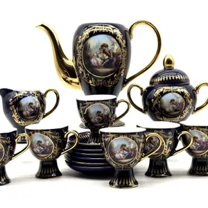 Sevres Gilt Cobalt Blue Porcelain with Scene