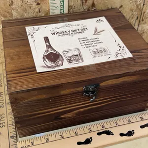 Whiskey Gift Set, Glasses, Stones, & Wood Box 10"X4"X4.75"