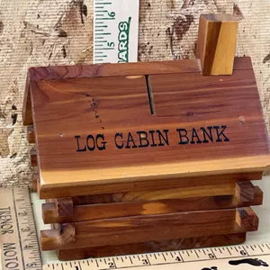 Wood Log Cabin Bank 7"X5"X6.75"