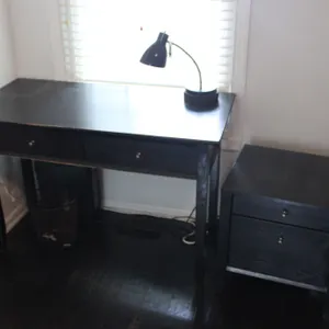 Desk, Cabinet & Lamp