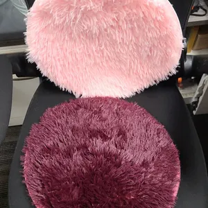 Two Shaggy Faux Fur Round Chair Cushions in Pink and Burgundy Colors with Non-Slip Backing for Seat
