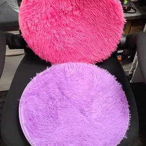 Two Round Furry Seat Cushions in Pink and Purple with Non-Slip Backing for Home or Office Use