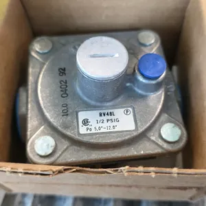Maxitrol RV48L gas pressure regulator. Features a maximum inlet pressure of 1/2 PSIG and an outlet pressure range (Po) of 5.0" to 12.0" w.c. Stored in