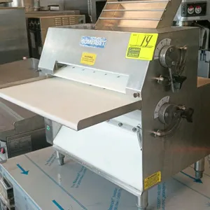 Somerset CDR-2000M stainless steel commercial dough sheeter. Features dual-roller design, push-button controls, adjustable thickness knobs, and safety