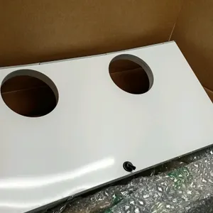 True GDM-49F evaporator fan cover. Designed for a 2-door freezer. Features white powder-coated metal construction with two circular fan cutouts and a 