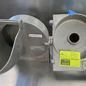 Hobart vegetable slicer and shredder aluminum housings. Includes one housing with front hopper cover and one open back housing. Features cast aluminum