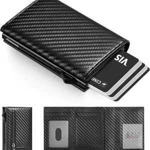 NEW Manmaxim Carbon Fiber Card Holder Wallet – RFID Blocking, Card Ejector, Tri-Fold, Black