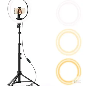 10-Inch Ring Light with Adjustable Tripod, USB-Powered, 3 Color Modes, Smartphone Holder