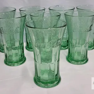 8 Coca-Cola 16oz Light Green Embossed Glasses, Classic Tapered Soda Fountain Style, 6" Tall