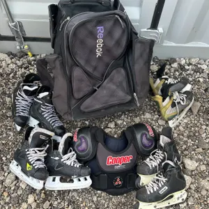 Hockey Gear Lot: 4 Pairs Skates, Bag, Shoulder Pads