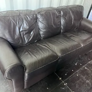 Brown Leather Three-Seater Sofa With Rolled Arms