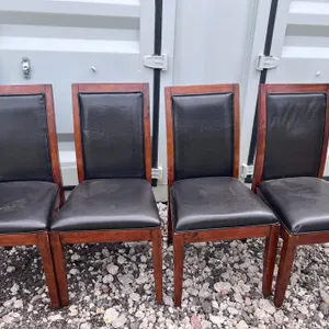 4 Wood Dining Chairs with Black Faux Leather Seats