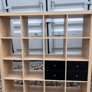15-Cube Wood Storage Shelf With Four Black Drawers