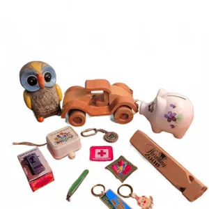 Collectibles Lot: Piggy Bank, Owl Bank, Wooden Car, Patches, Keychains, Miscellaneous Items