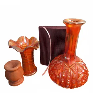 2 Amber Carnival Glass Vases, Small Wooden Vase, and Lined Journal