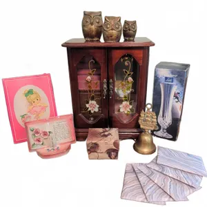 Decorative Wooden Jewelry Box with Mixed Collectibles