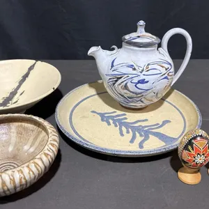 Studio Pottery Set and Painted Eggs on Wooden Stands