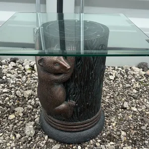 Rustic Wildlife Resin Side Table With Bear Cub and Glass Top