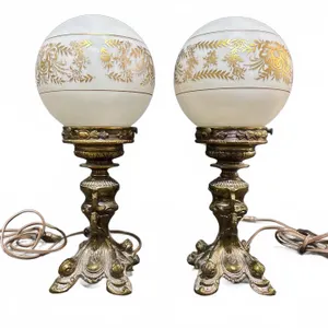 Brass Table Lamps With Frosted Glass and Gilded Floral Globes