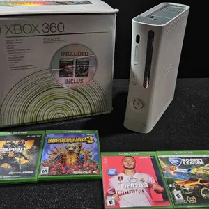 Xbox 360 Console With Box and Four Xbox One Games