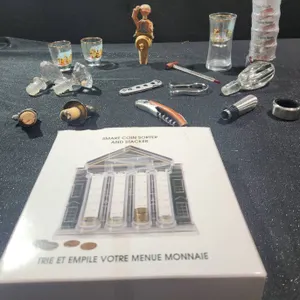 Barware Lot: Shot Glasses, Stoppers, Corkscrew, Coin Sorter