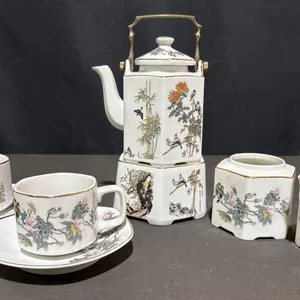 Japanese Porcelain Tea Set With Bird and Floral Motif, 8 Pieces