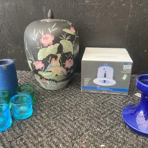 Home Decor Lot: Japanese Vase, Candleholders, Glass Set, Light Kit