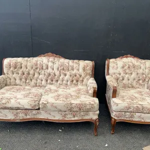 Tufted Floral Sofa and Armchair Set with Wood Trim