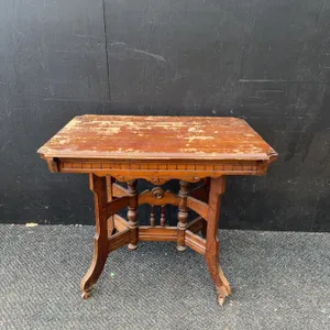 Wood Side Table with Ornate Turned Legs and Casters