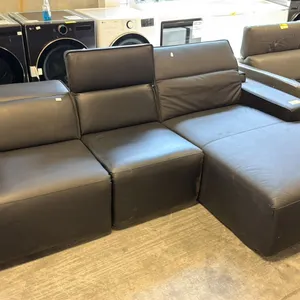 MODERN BLACK LEATHER SECTIONAL SOFA, "L" SHAPE, WIDE BLOCK STYLE ARMRESTS AND DEEP SEAT CUSHIONS