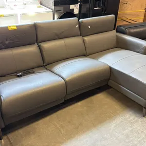 MODERN POWER RECLINING SECTIONAL SOFA UPHOLSTERED IN GREY LEATHER, "L" SHAPED, ADJUSTABLE HEADRESTS