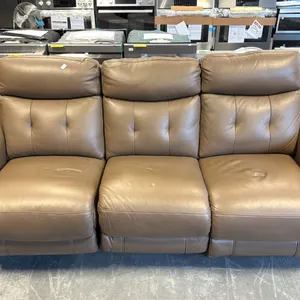 CONTEMPORARY THREE-SEATER POWER RECLINING LEATHER COUCH, LIGHT OLIVE-BROWN