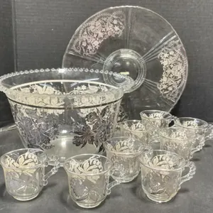 Glass Silver-Overlay Punch Bowl with 8 Cups &
