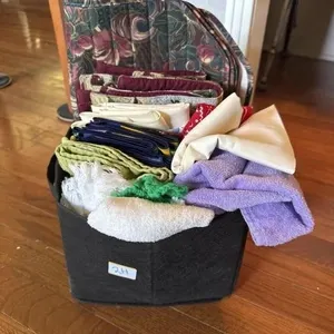 Variety of fabric scraps, placemats, and towels