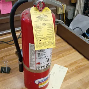 Dry chemical fire extinguisher. Features a red steel cylinder, metal handle and pull pin, pressure gauge, and discharge hose with nozzle. Includes an 